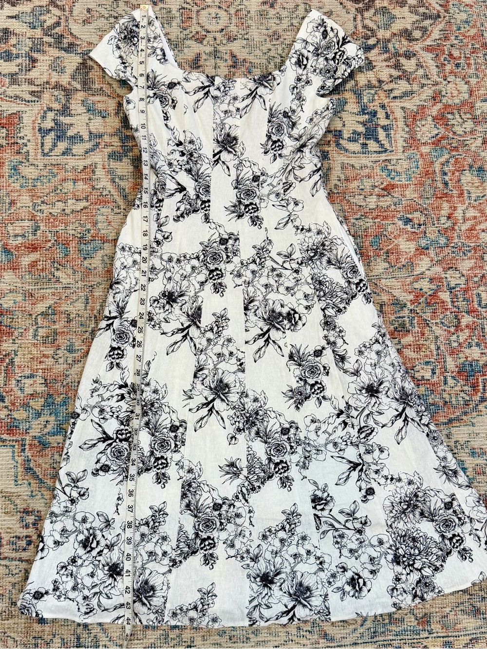 Linen Blend Bagatelle Artsy Boho Euro Summer White Black Floral Midi SunDress 6 - Picture 8 of 12
